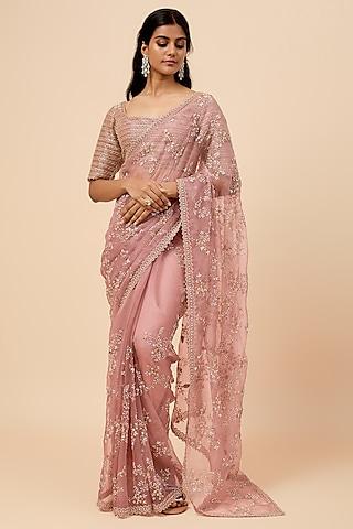 blush pink organza jaal embroidered saree set