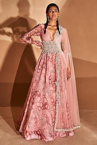 blush pink organza printed anarkali set