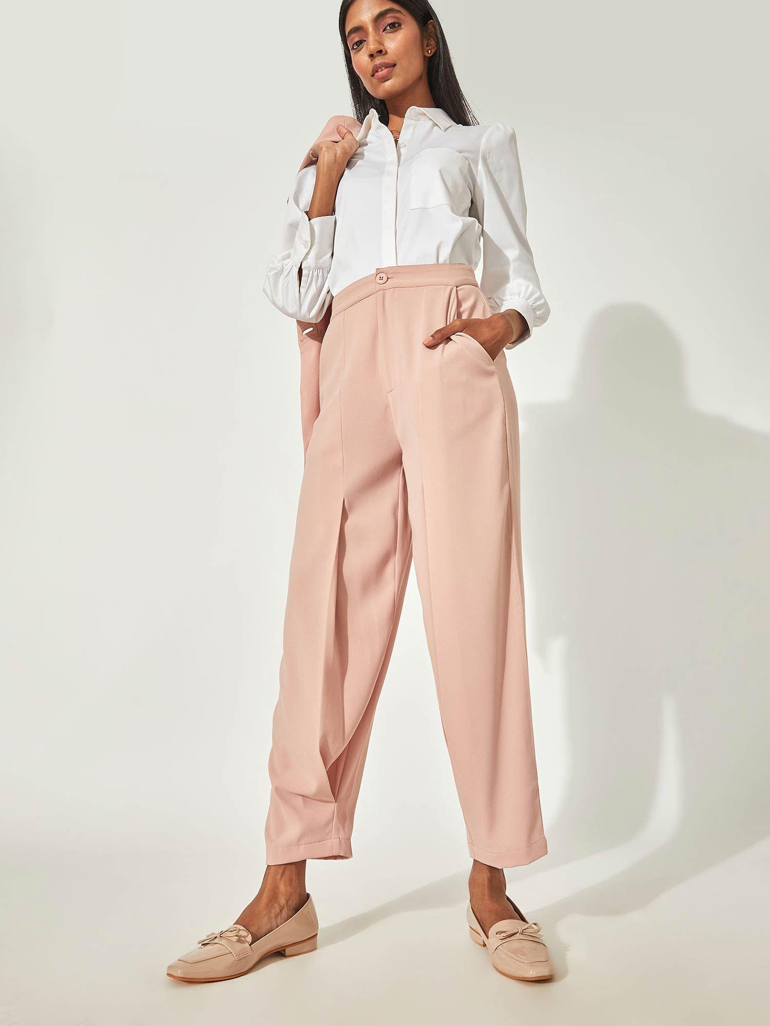 blush pink pleated tapered pants