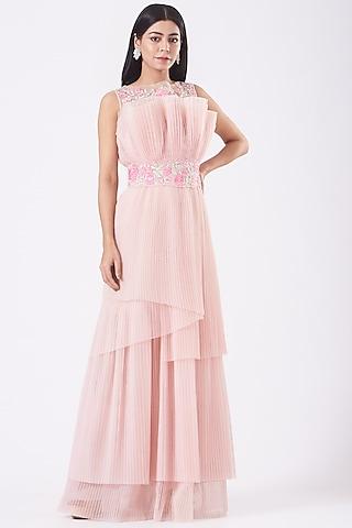 blush pink pre-pleated gown with belt