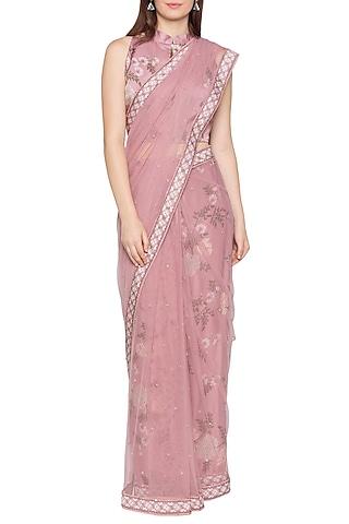 blush pink printed & embellished pre-stitched saree set