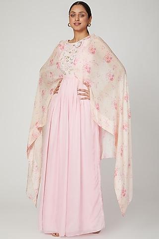 blush pink printed & embroidered gown