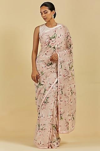 blush pink printed & embroidered saree set
