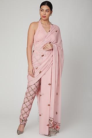 blush pink printed pant saree set