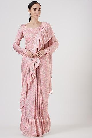 blush pink printed pre pleated saree