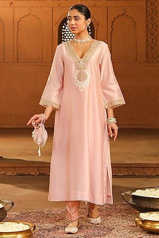blush pink pure silk chanderi kashmiri tilla embroidered a-line kurta set