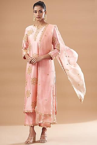 blush pink pure spun silk embroidered kurta set