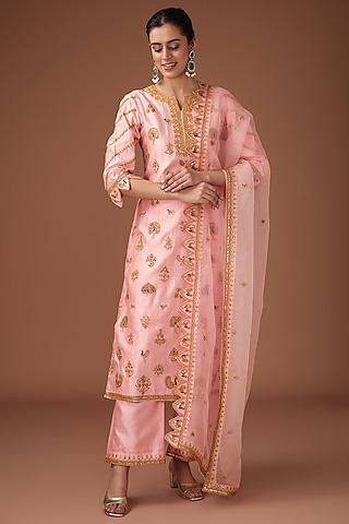 blush pink pure spun silk resham work kurta set