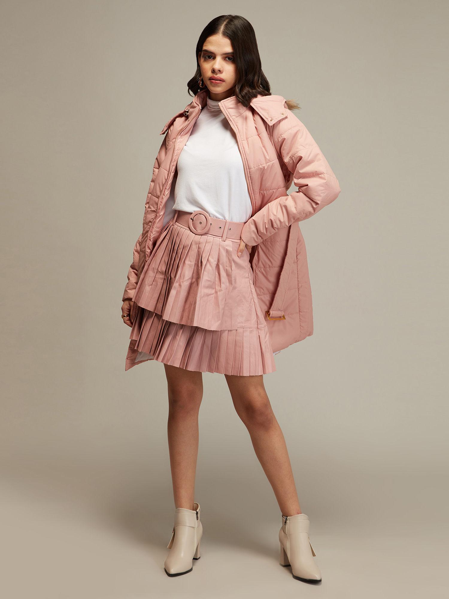 blush pink quilted fur puffer jacket