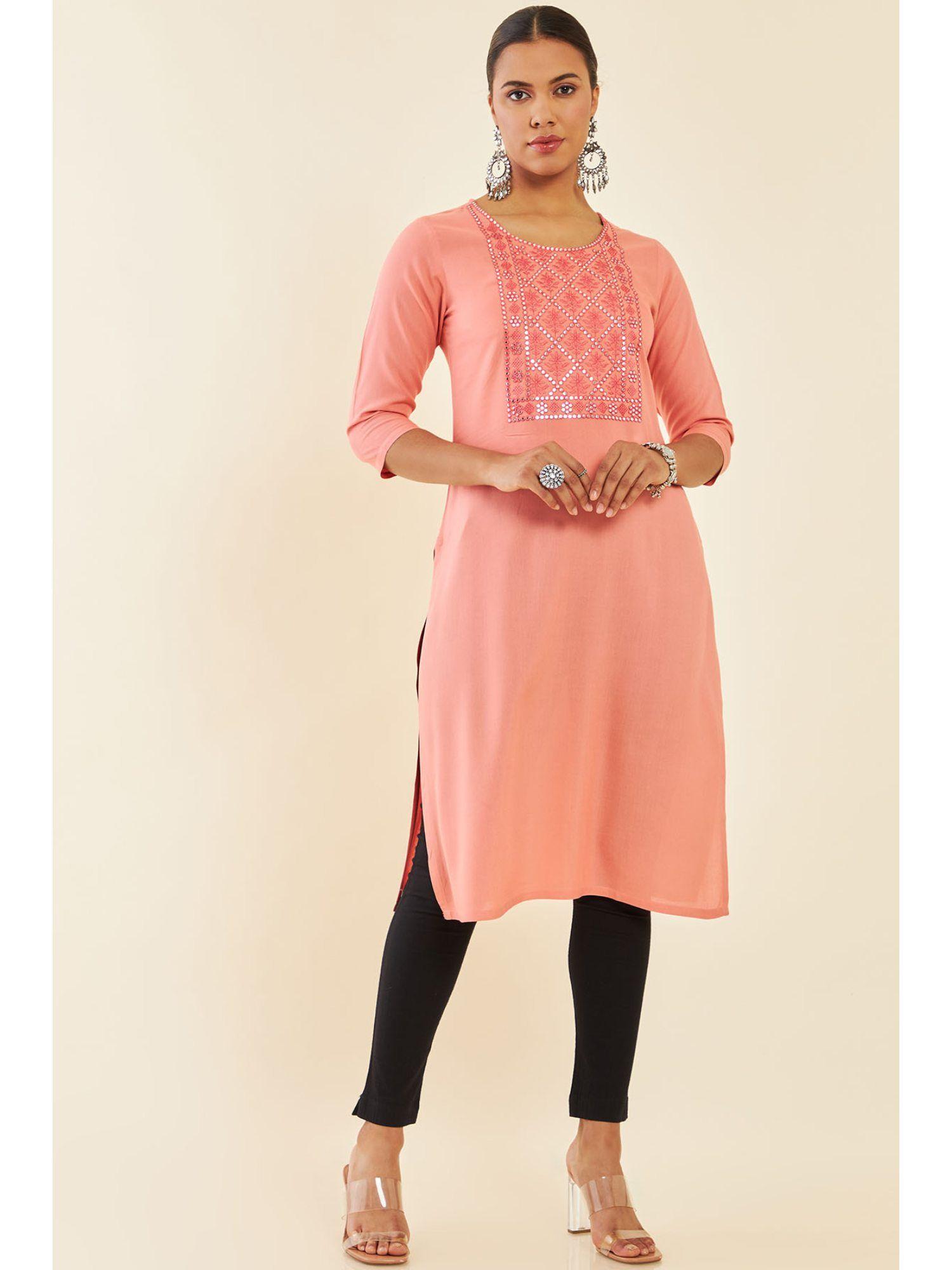 blush pink rayon straight kurta with self embroidery and reflective embellishments