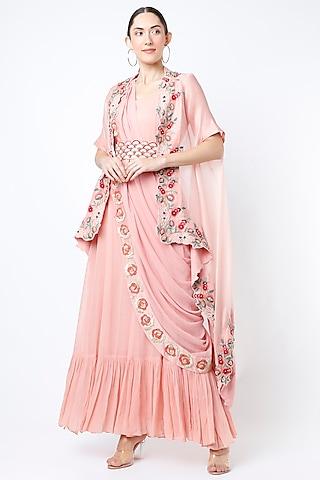 blush pink saree gown with cape
