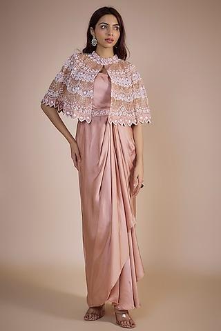 blush pink satin gown with cape