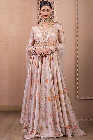 blush pink satin organza printed anarkali set