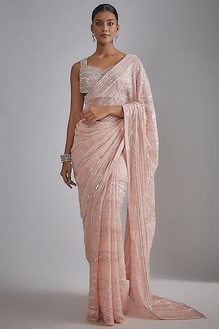 blush pink shimmer georgette embroidered saree set