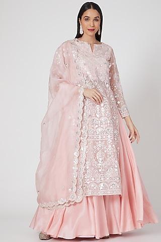 blush pink silk & organza mirror work kurta set