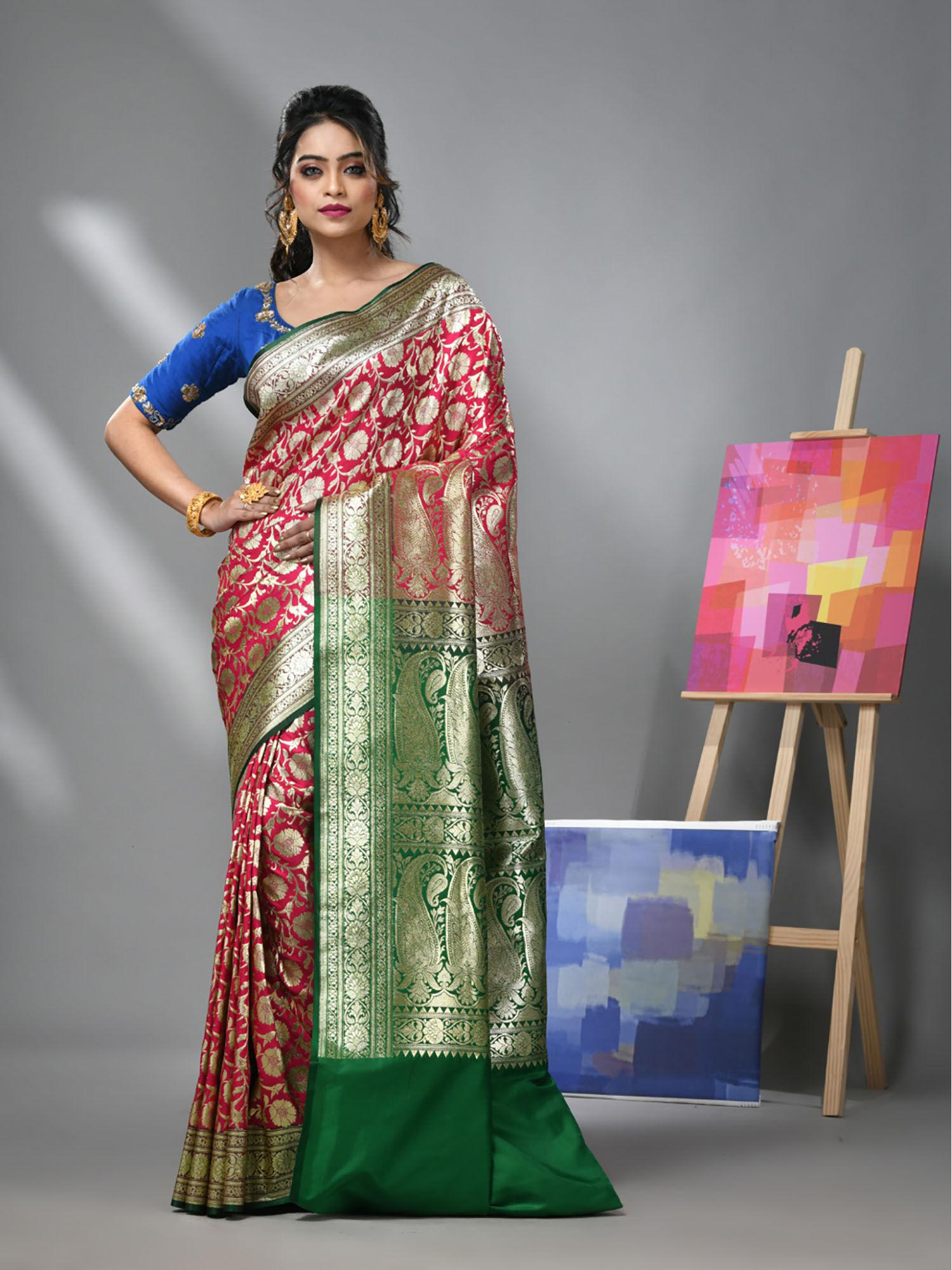 blush pink silk banarasi saree with zari woven designs & unstitched blouse