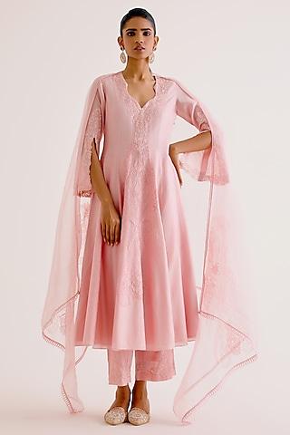 blush pink silk chanderi embroidered & printed anarkali set