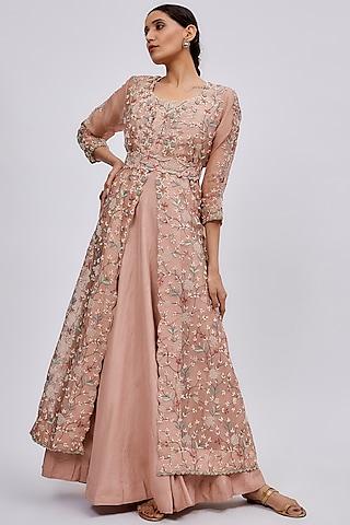 blush pink silk chanderi embroidered jacket anarkali set