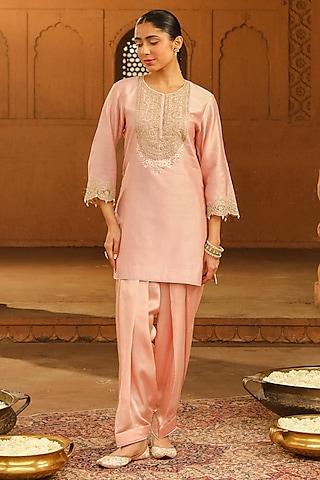 blush pink silk chanderi kashmiri tilla embroidered short kurta set