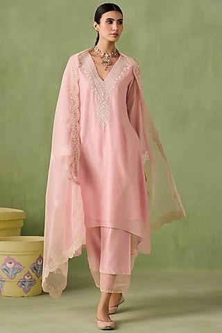 blush pink silk chanderi sequins embellished asymmetrical high-low kurta set