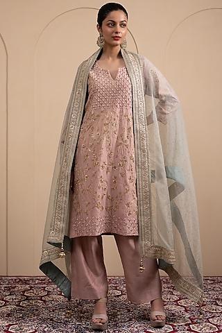 blush pink silk chanderi zari & badla embroidered kurta set