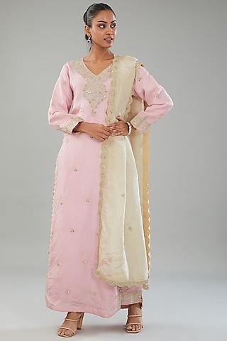 blush pink silk mirror embroidered kurta set