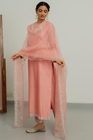 blush pink silk organza & chanderi silk hand embroidered kurta set