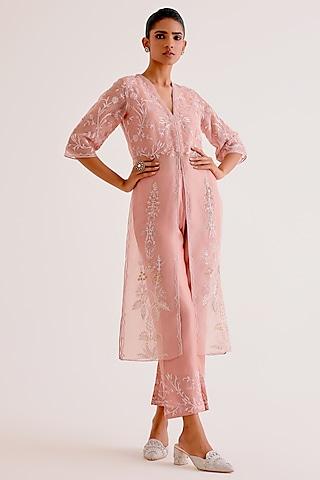 blush pink silk organza dori & sequins embroidered kurta set