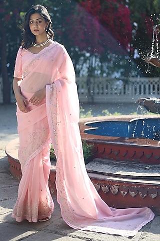 blush pink silk organza resham embroidered saree