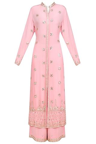 blush pink silver embroidered long jacket and sharara pants
