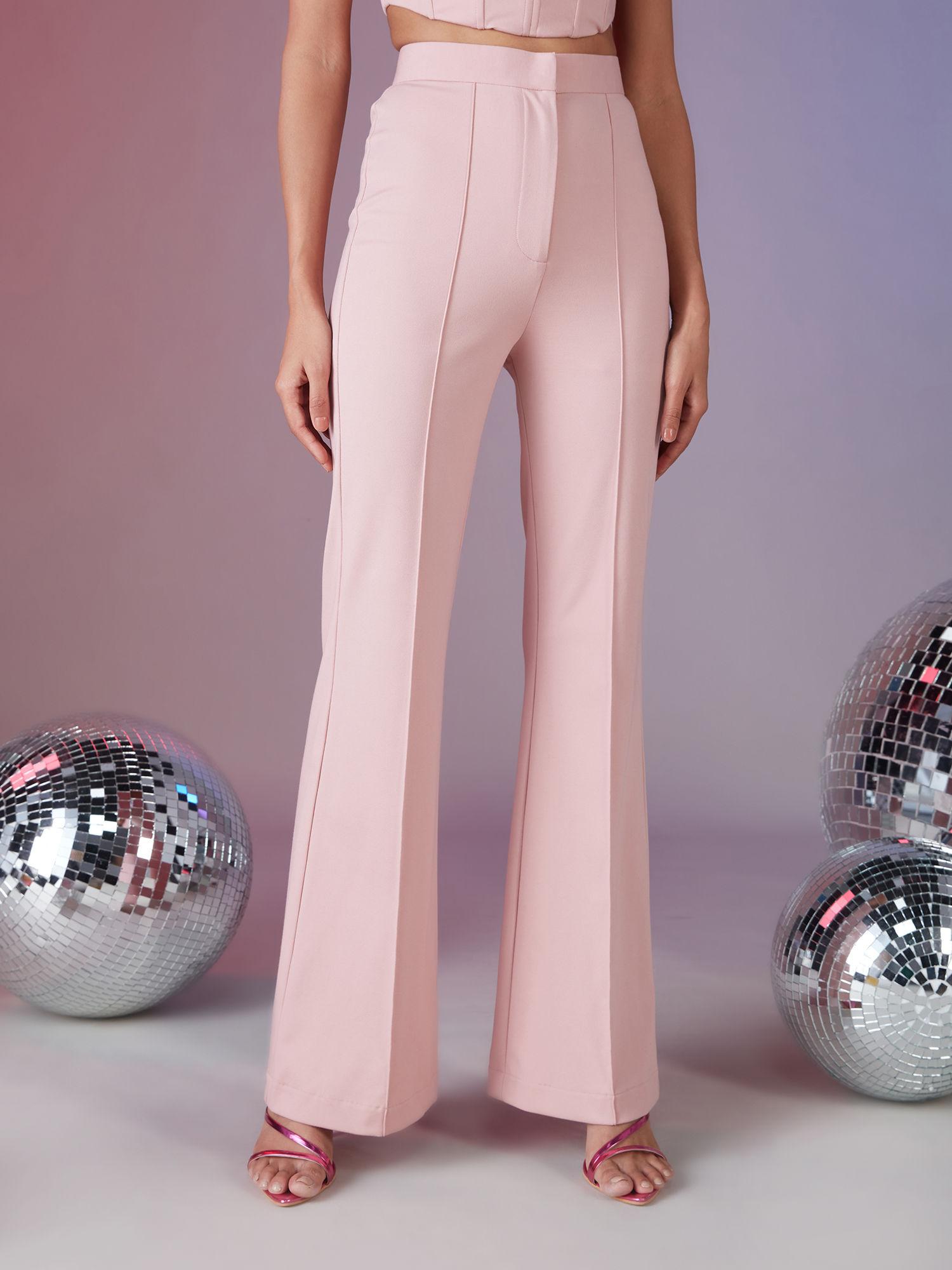 blush pink solid high waist fit and flare trousers