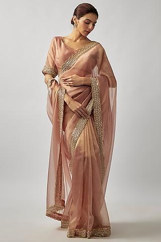 blush pink tissue organza cutdana embroidered saree set