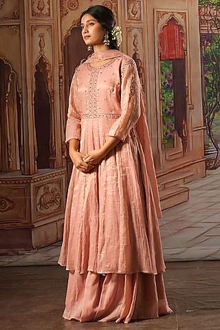 blush pink tissue silk embroidered anarkali set