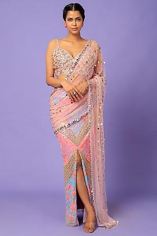 blush pink tulle embellished pre-stitched saree set