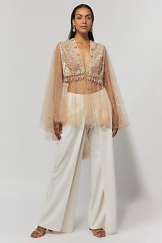 blush pink tulle hand embroidered cape