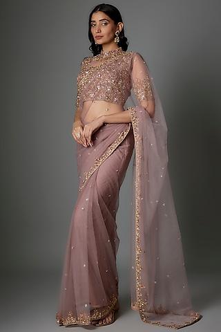 blush pink tulle sequins embellished draped saree set