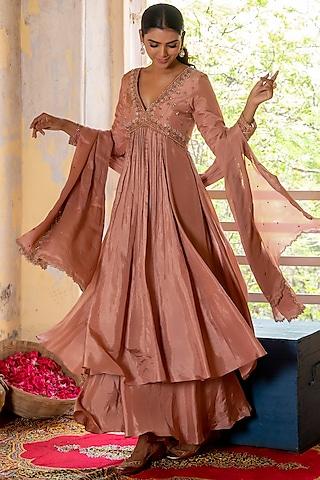 blush pink upada silk & chinon chiffon embroidered anarkali set