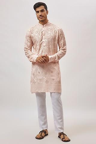 blush pink viscose lucknowi embroidered kurta set for boys