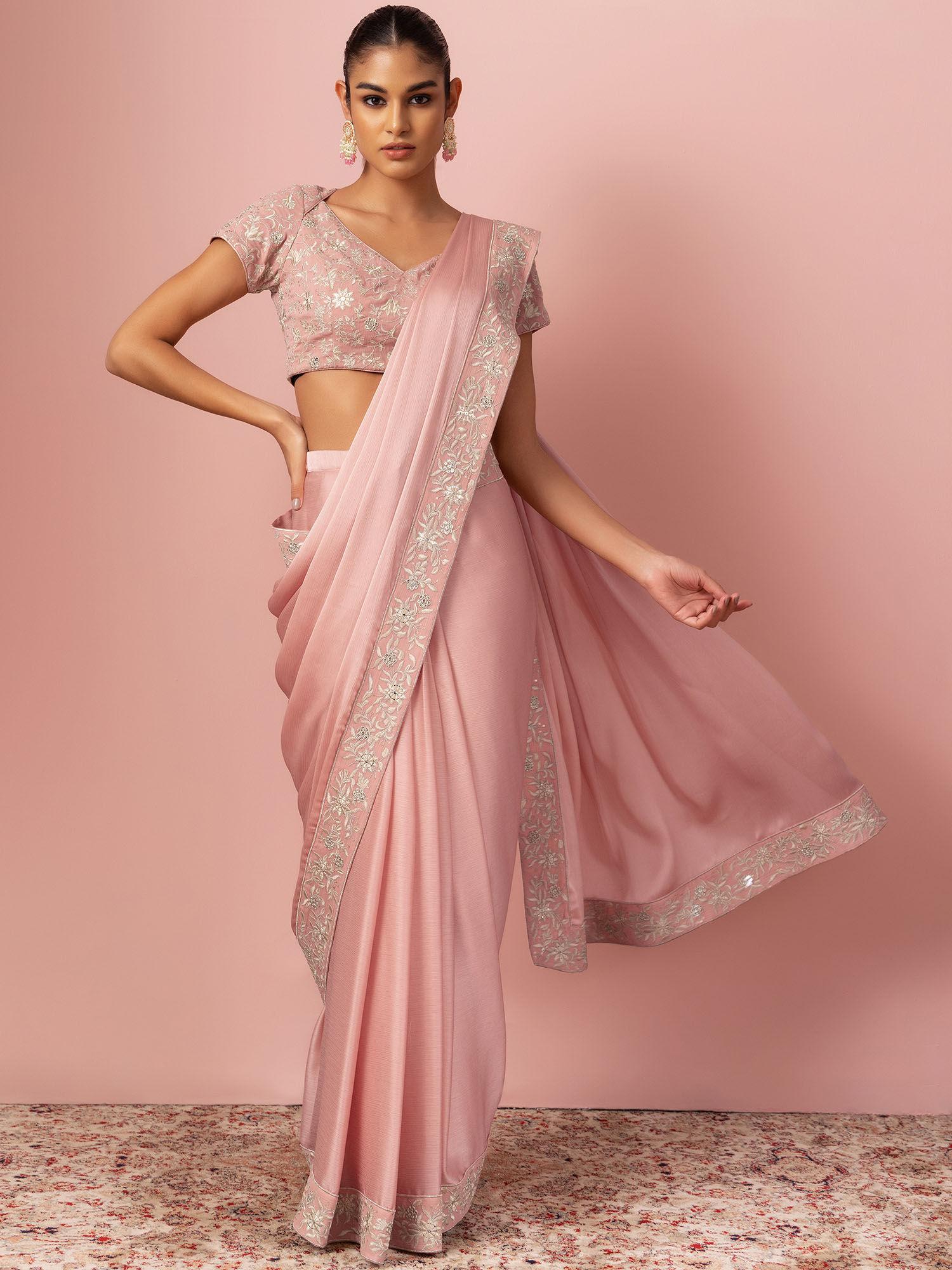 blush pink zari embroidered pre-draped saree with stitched blouse