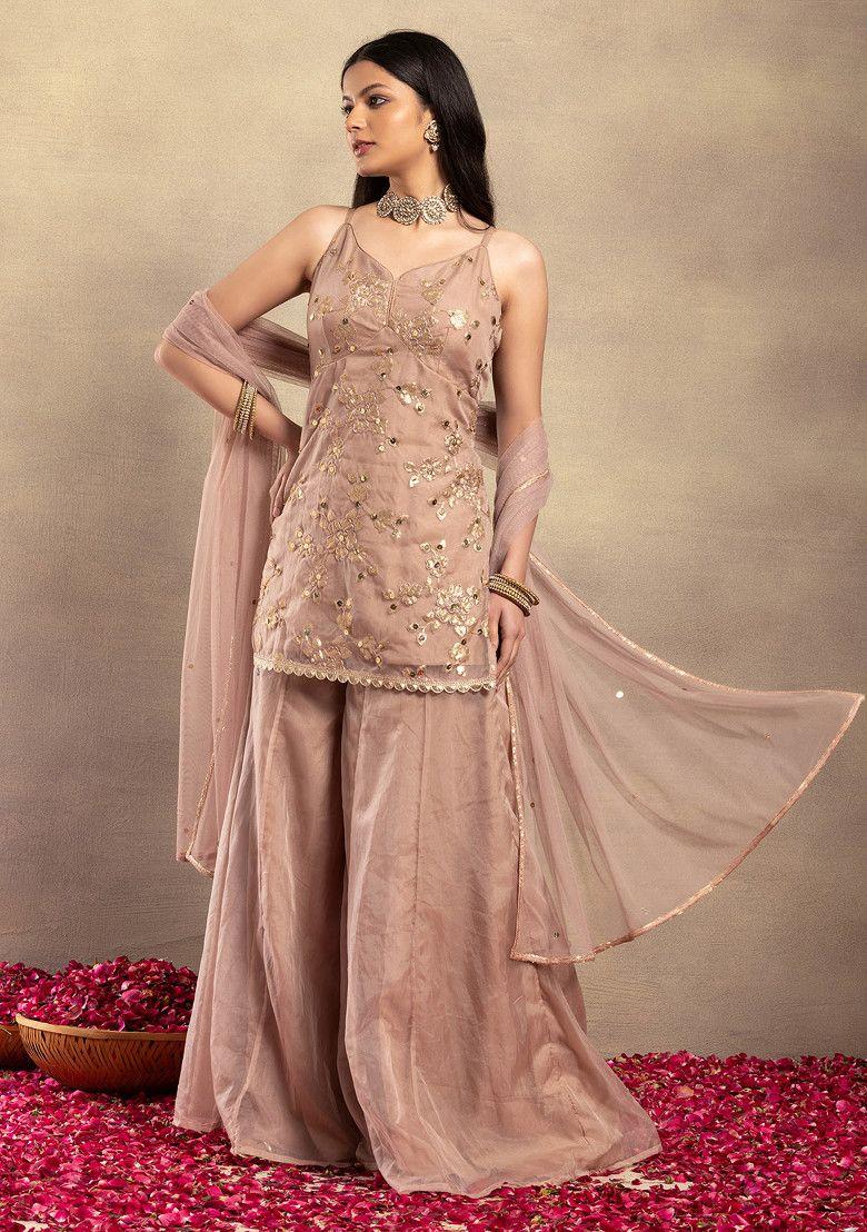 blush sharara set with floral embroidered kurta and dupatta