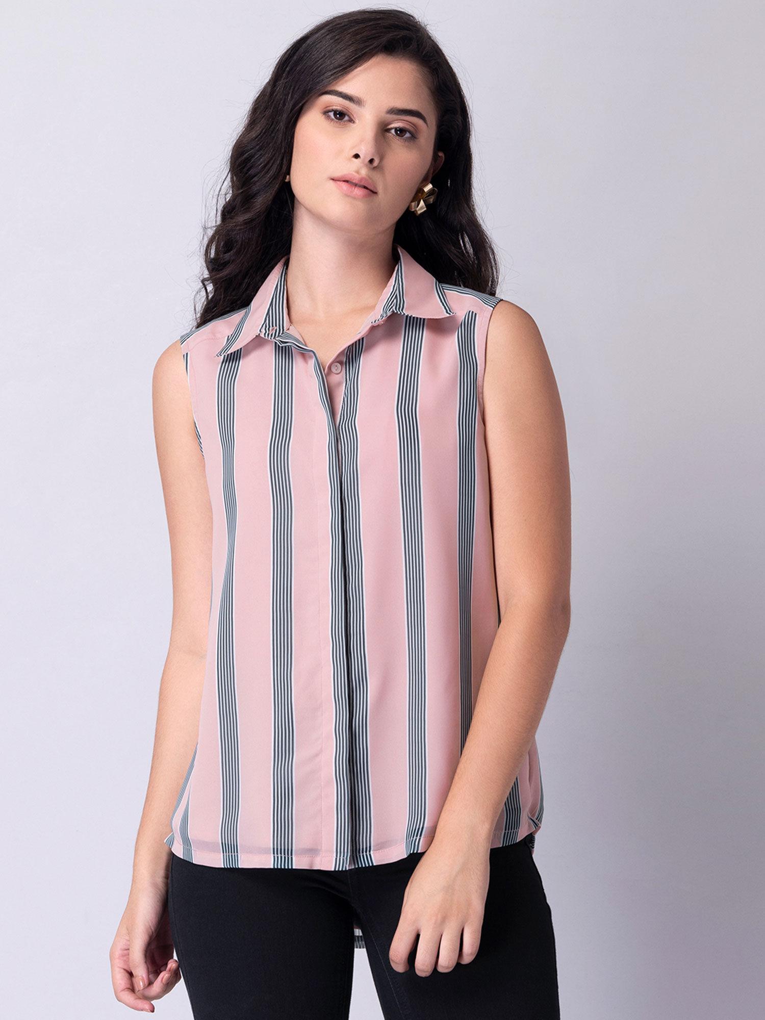 blush stripe sleeveless button down shirt