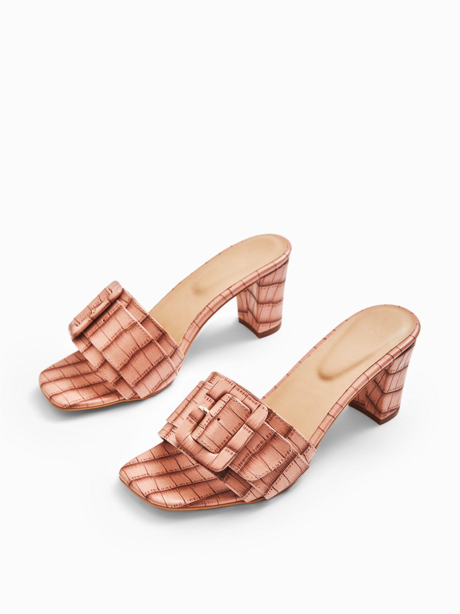 blush textured buckle heels