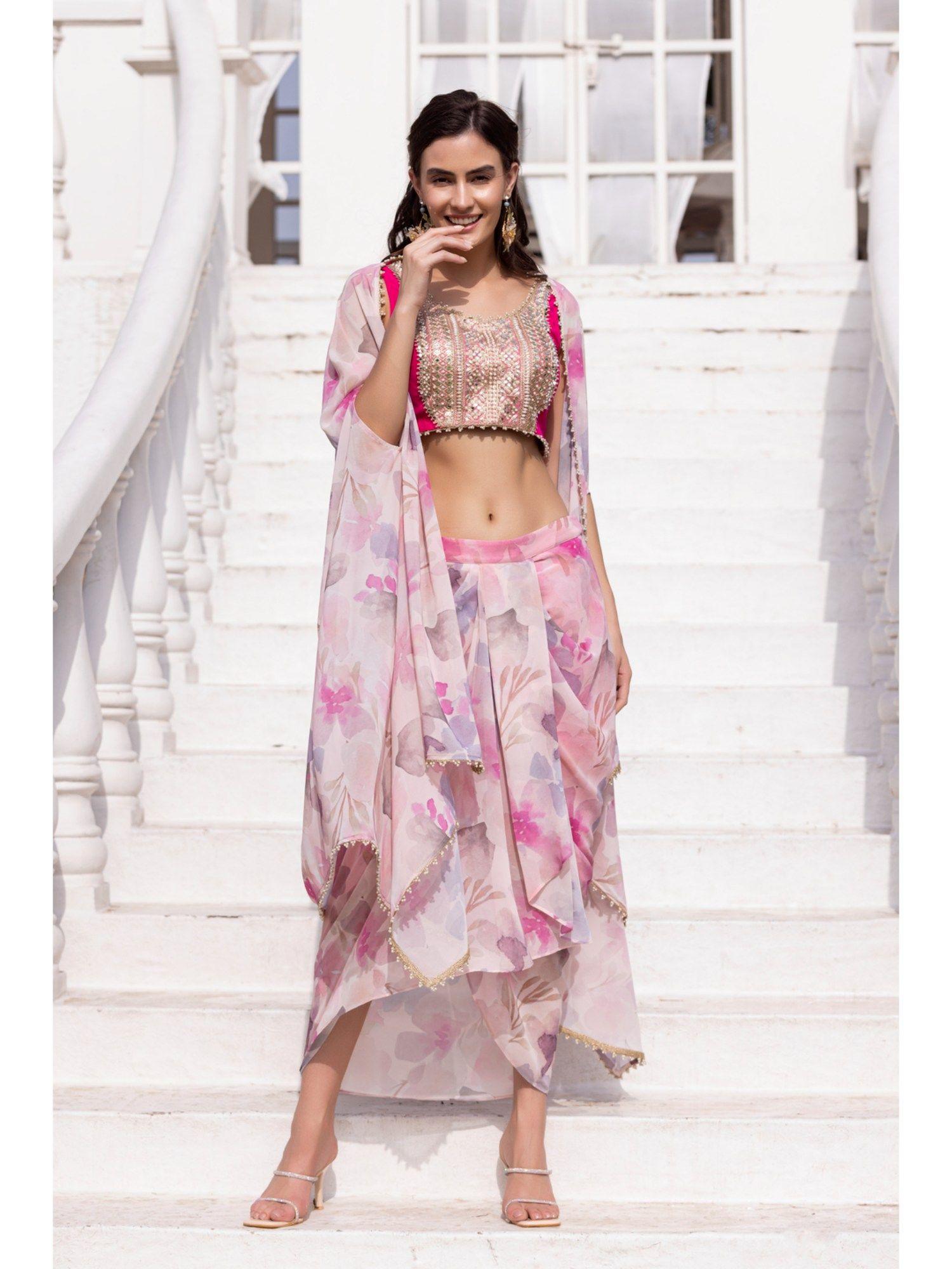 blushing orchid pink blouse with dhoti skirt and cape (set of 3)