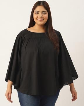 boat-neck pleated top with flared sleeves