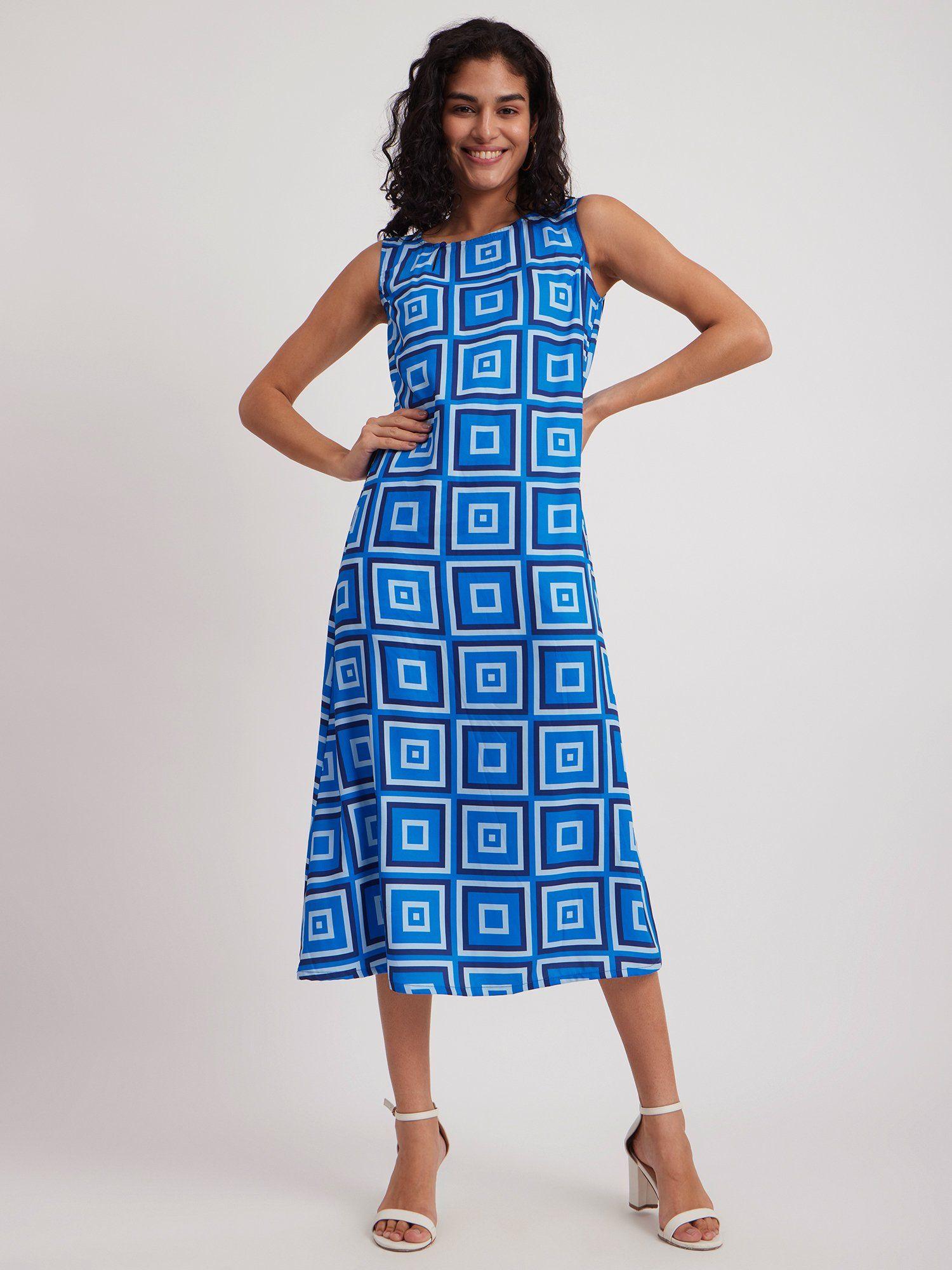 boat neck a-line dress blue