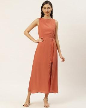 boat-neck a-line dress with side slit