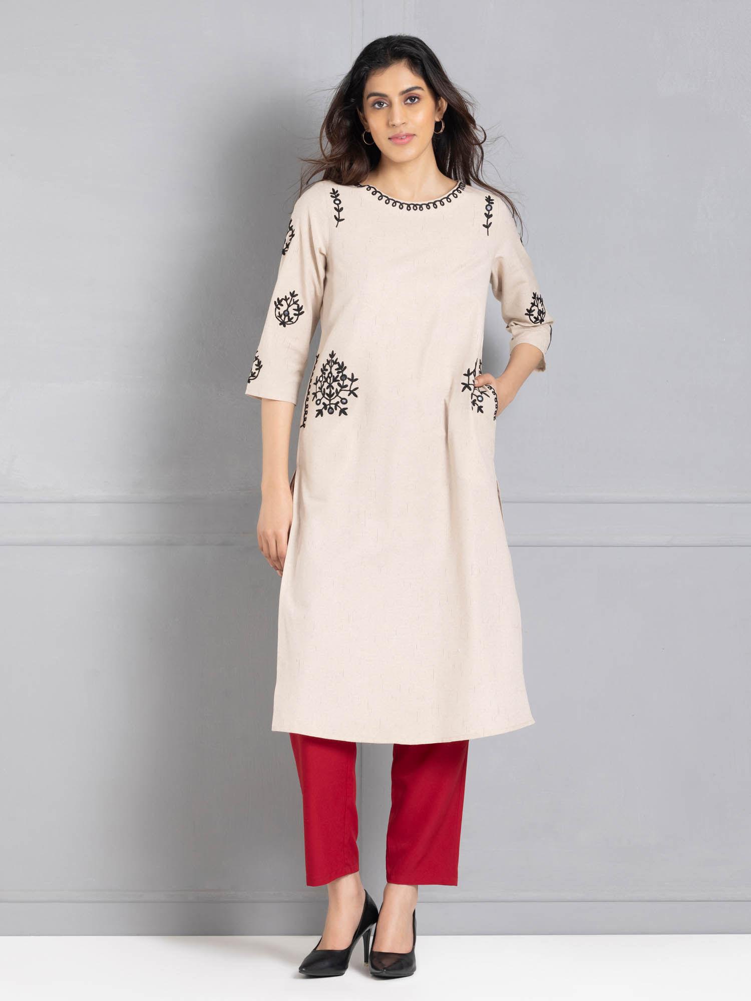 boat neck beige embroidered three-quarter sleeves ethnic kurta for women