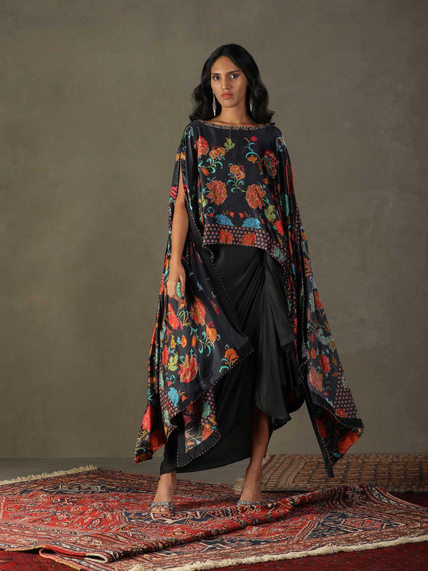 boat neck black multi cape style top with drape skirt (set of 2)