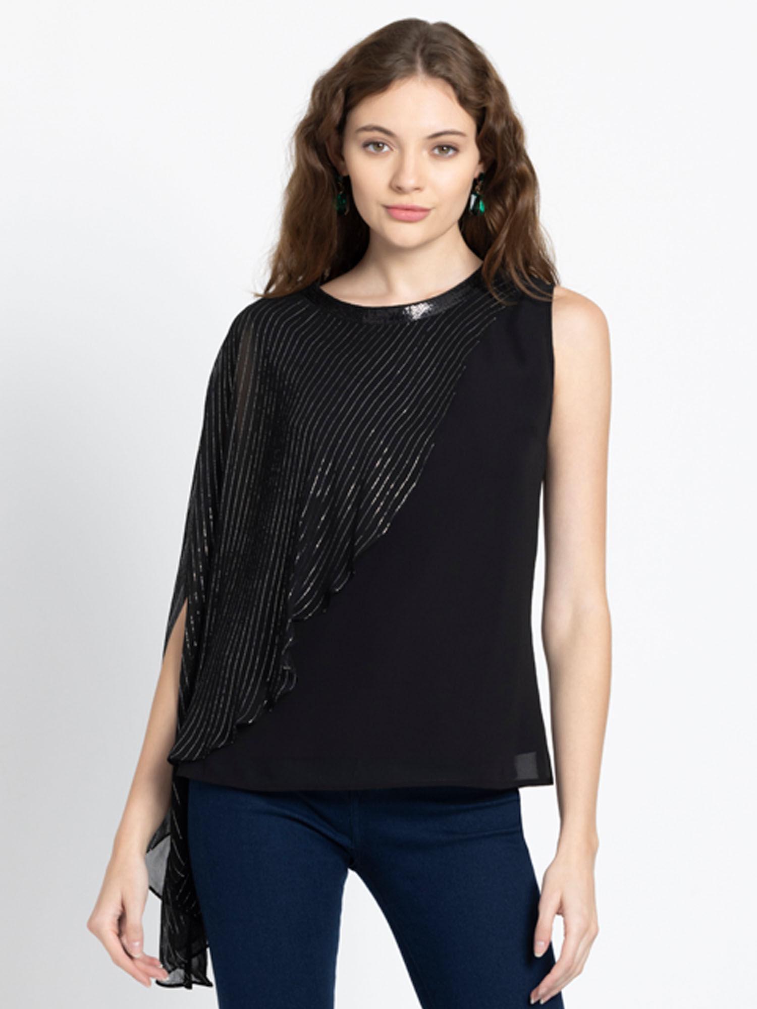 boat neck black sequined party tops for women