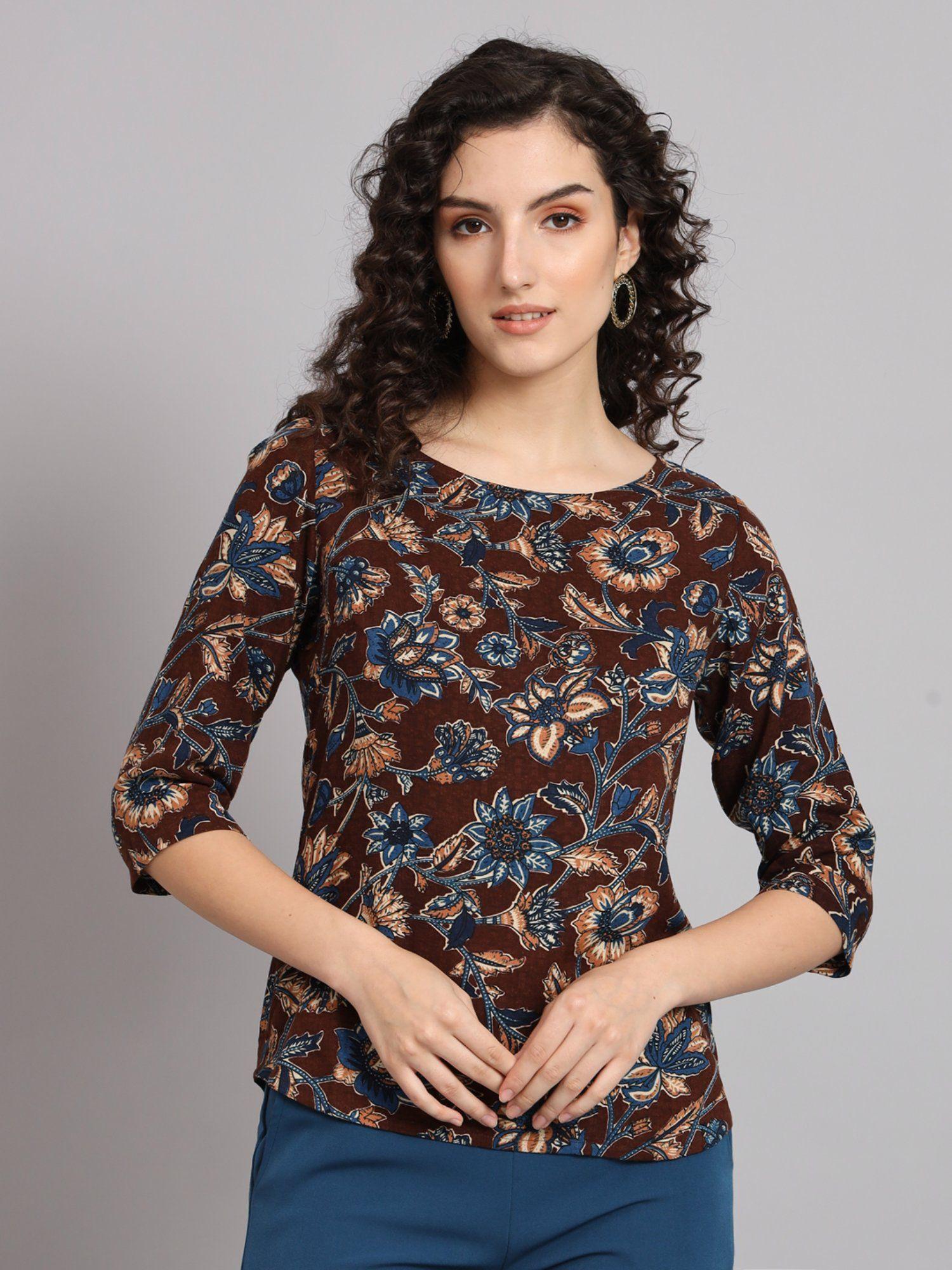 boat neck cotton printed top brown